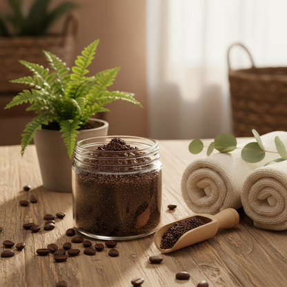 Flat lay gommage avec grains de café