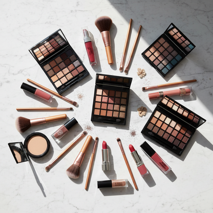 Flat lay pinceaux avec cosmétiques